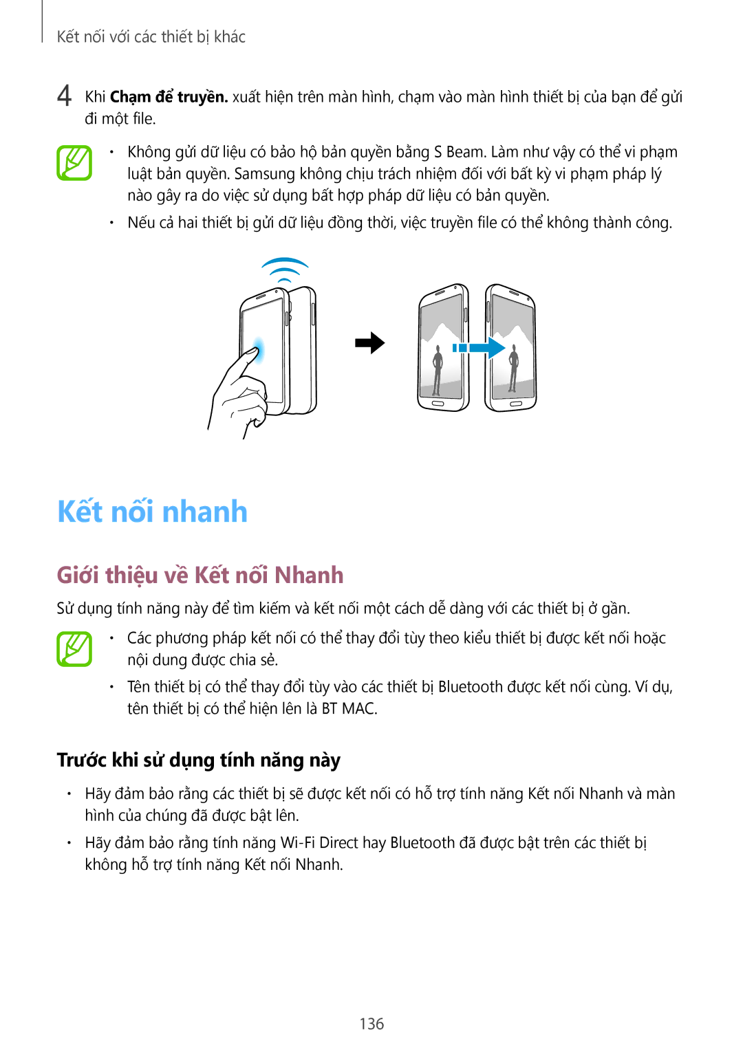 Samsung CG-G900HZKRHTM, SM-G900HZWAXXV, SM-G900HZBAXXV, SM-G900HZKAXXV manual Kết nối nhanh, Giới thiệu về Kết nối Nhanh, 136 