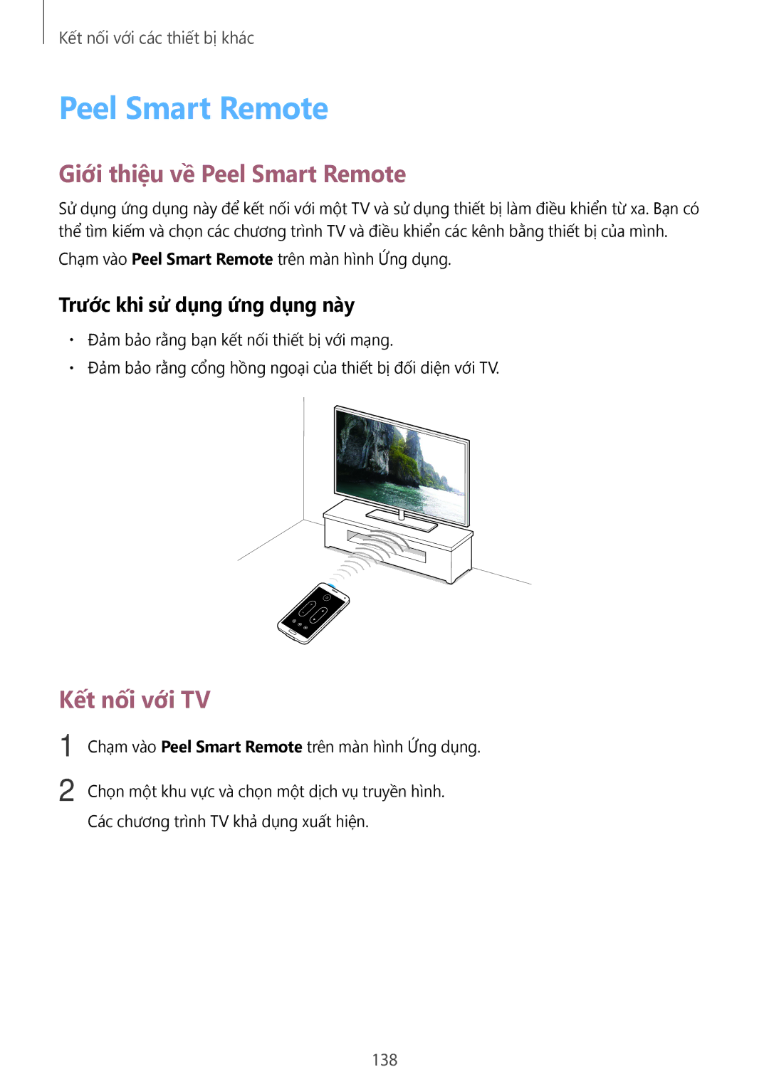 Samsung SM-G900HZKAXXV manual Giới thiệu về Peel Smart Remote, Kết nối với TV, Trước khi sử dụng ứng dụng này, 138 