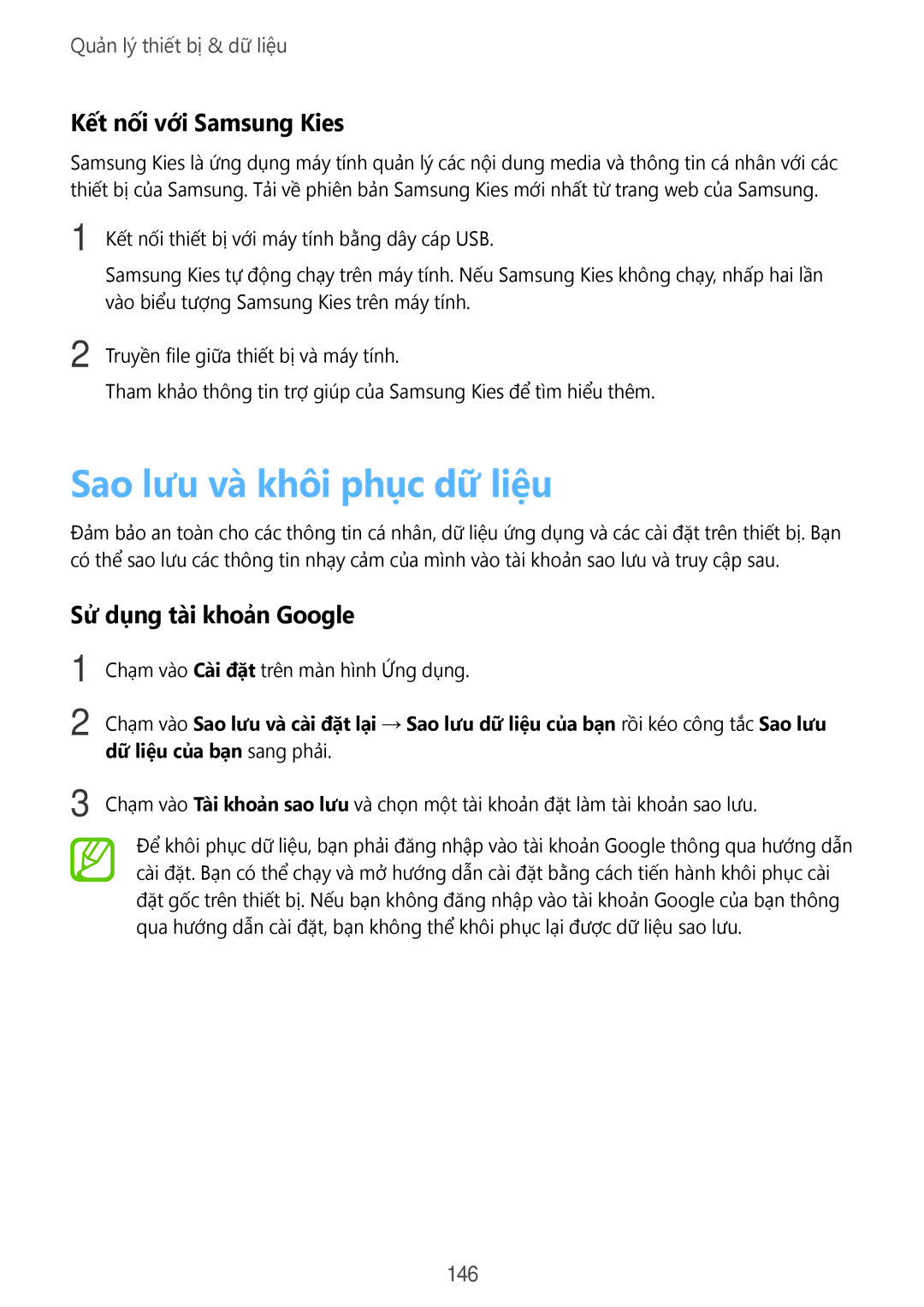 Samsung CG-G900HZKRHTM manual Sao lưu và khôi phục dữ liệu, Kết nối với Samsung Kies, Sử dụng tài khoản Google, 146 