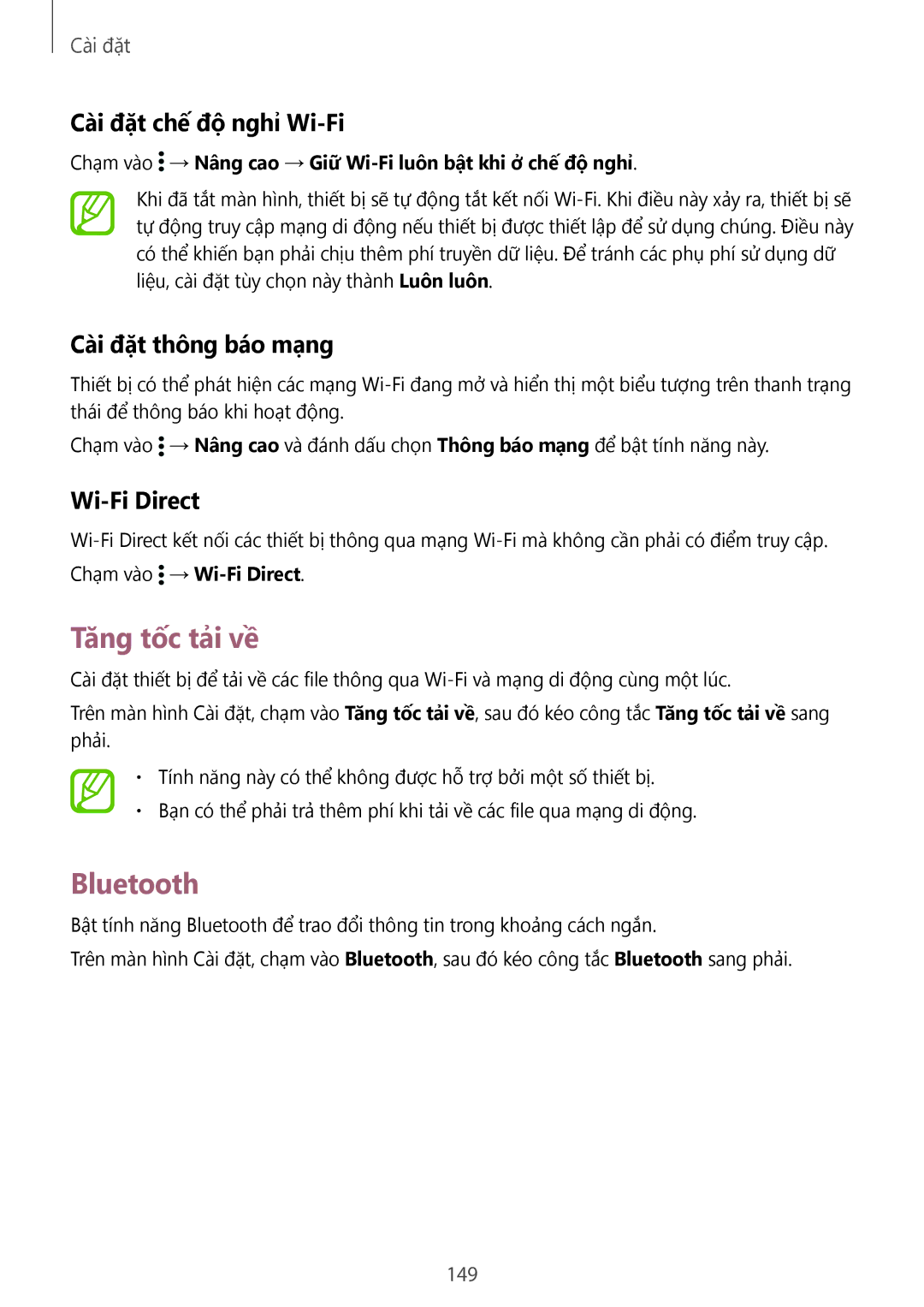 Samsung SM-G900HZDAXXV manual Tăng tốc tải về, Bluetooth, Cài đặt chế độ nghỉ Wi-Fi, Cài đặt thông báo mạng, Wi-Fi Direct 