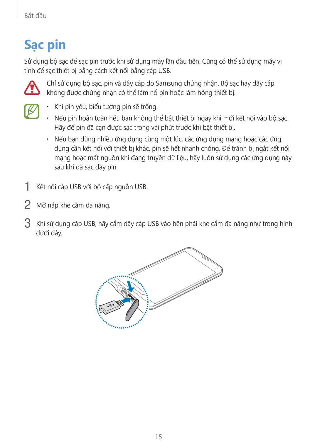 Samsung SM-G900HZWAXXV, CG-G900HZKRHTM, SM-G900HZBAXXV, SM-G900HZKAXXV, SM-G900HZDAXXV manual Sạc pin 