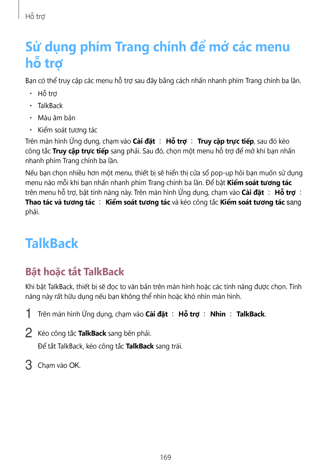Samsung SM-G900HZDAXXV, SM-G900HZWAXXV manual Sử dụng phím Trang chính để mở các menu hỗ trợ, Bật hoặc tắt TalkBack, 169 