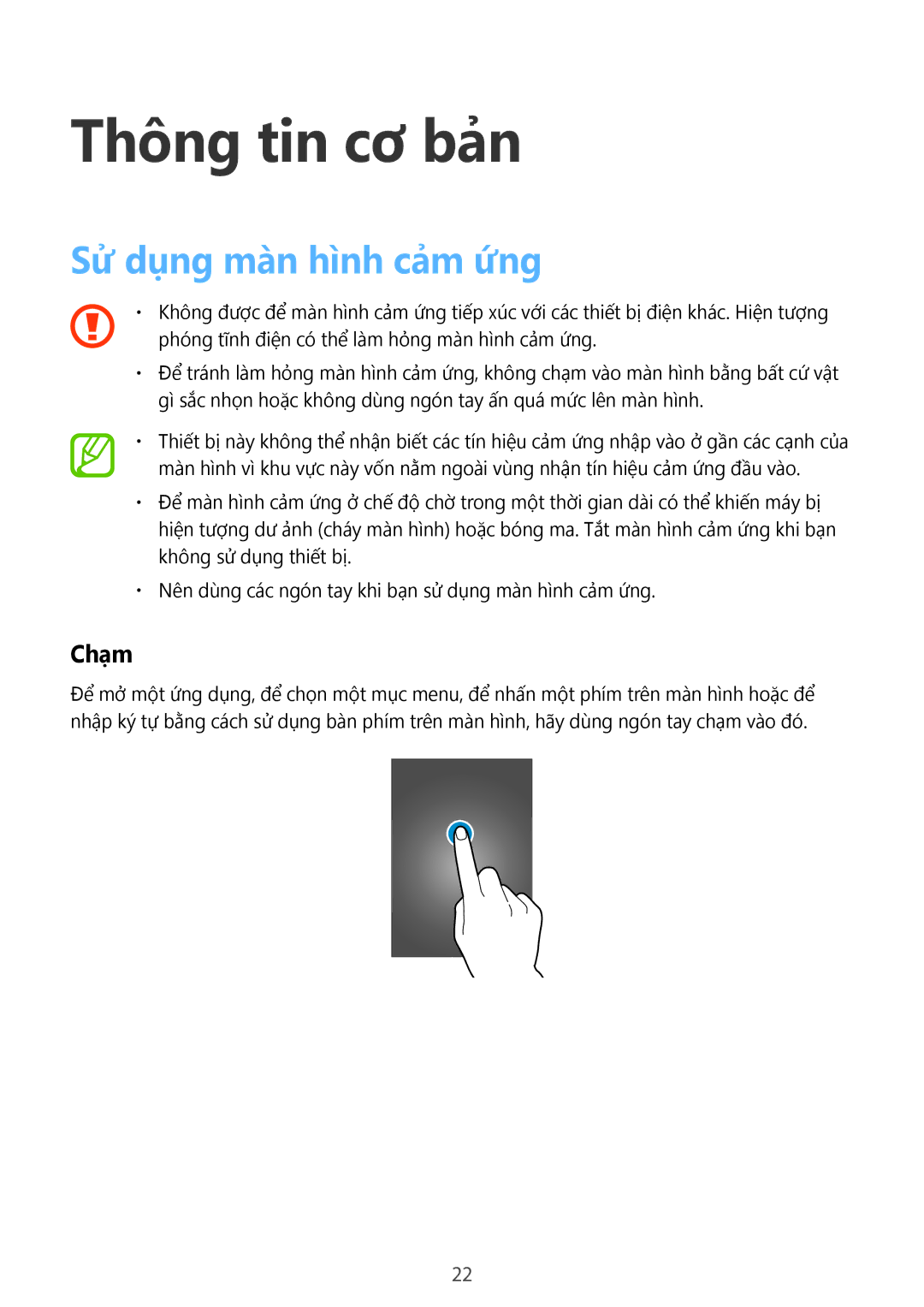 Samsung SM-G900HZBAXXV, SM-G900HZWAXXV, CG-G900HZKRHTM, SM-G900HZKAXXV manual Thông tin cơ bản, Sử dụng màn hình cảm ứng, Chạm 