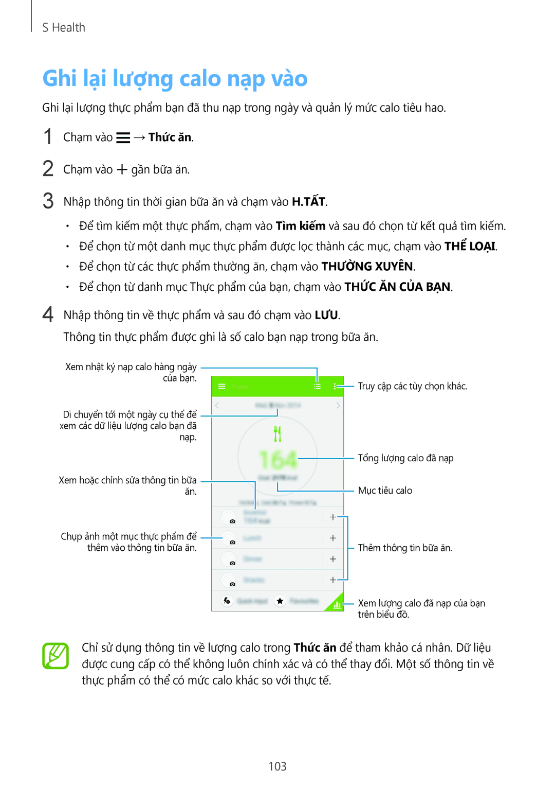 Samsung SM-G900HZKAXXV, SM-G900HZWAXXV, CG-G900HZKRHTM, SM-G900HZBAXXV, SM-G900HZDAXXV manual Ghi lại lượng calo nạp vào, 103 