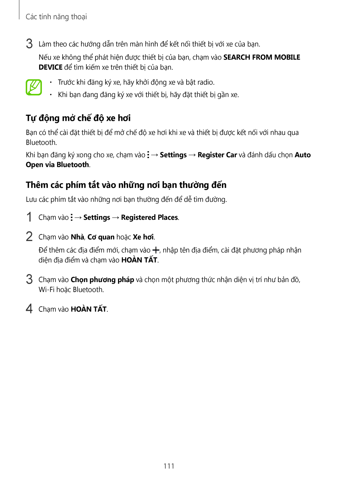 Samsung CG-G900HZKRHTM, SM-G900HZWAXXV manual Tự động mở chế độ xe hơi, Thêm các phím tắt vào những nơi bạn thường đến, 111 