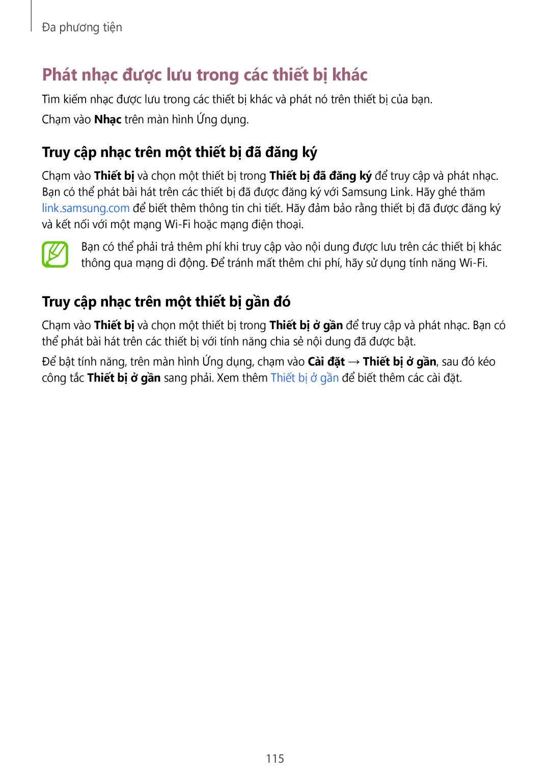 Samsung SM-G900HZWAXXV manual Phát nhạc được lưu trong các thiết bị khác, Truy cập nhạc trên một thiết bị đã đăng ký, 115 