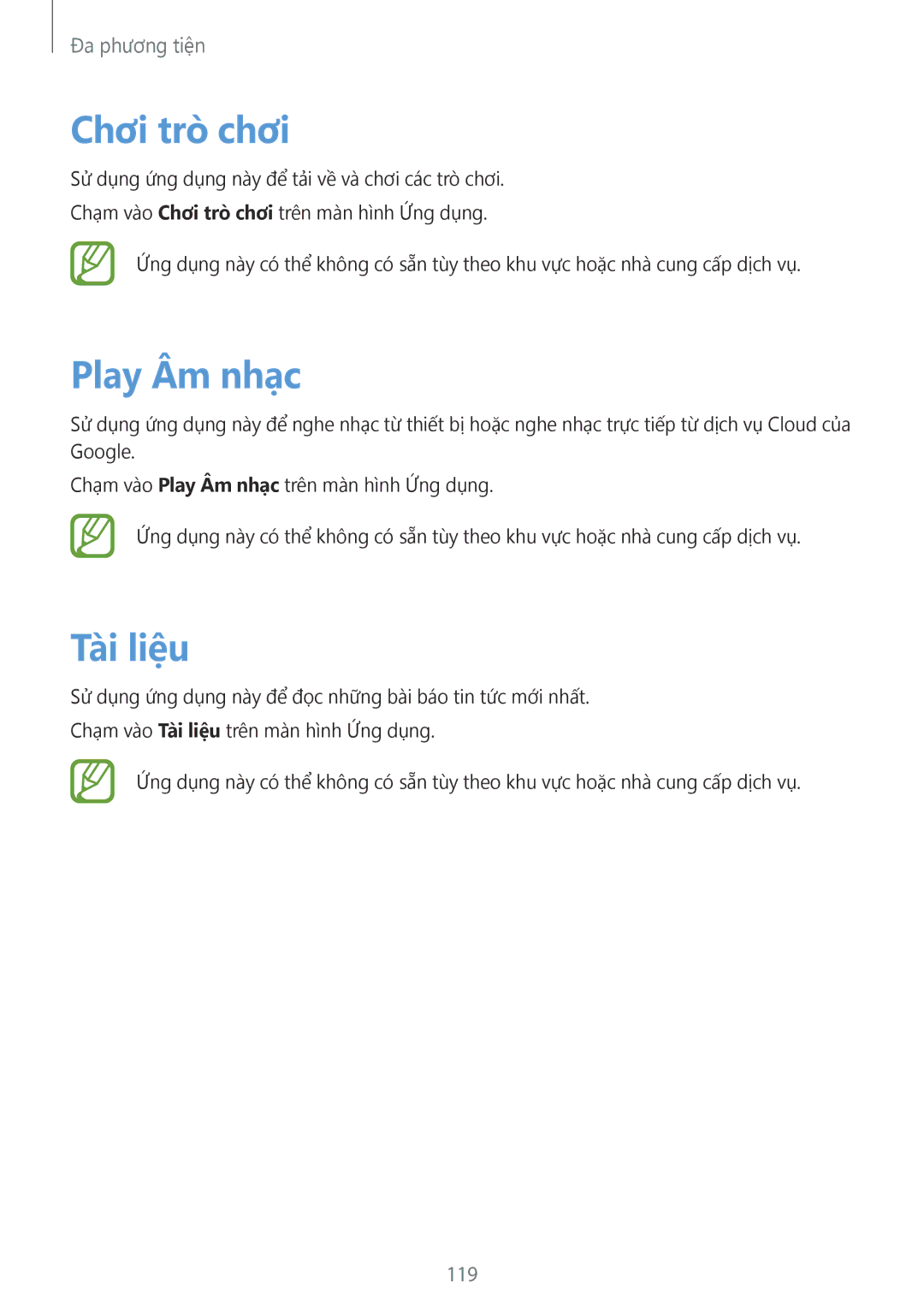 Samsung SM-G900HZDAXXV, SM-G900HZWAXXV, CG-G900HZKRHTM, SM-G900HZBAXXV manual Chơi tro chơi, Play Âm nhac, Tai liêu, 119 