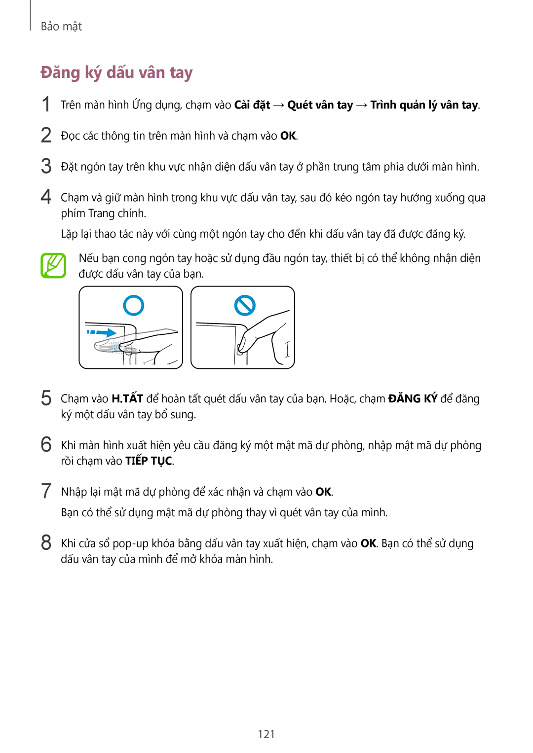 Samsung CG-G900HZKRHTM, SM-G900HZWAXXV, SM-G900HZBAXXV, SM-G900HZKAXXV, SM-G900HZDAXXV manual Đăng ký dấu vân tay, 121 