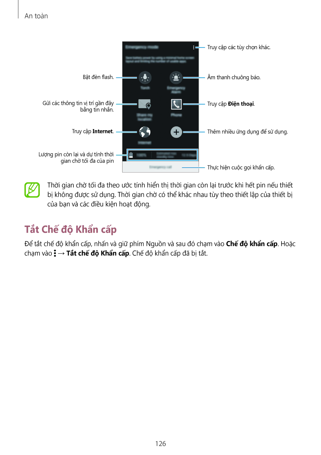 Samsung CG-G900HZKRHTM, SM-G900HZWAXXV, SM-G900HZBAXXV, SM-G900HZKAXXV, SM-G900HZDAXXV manual Tắt Chế độ Khẩn cấp, 126 