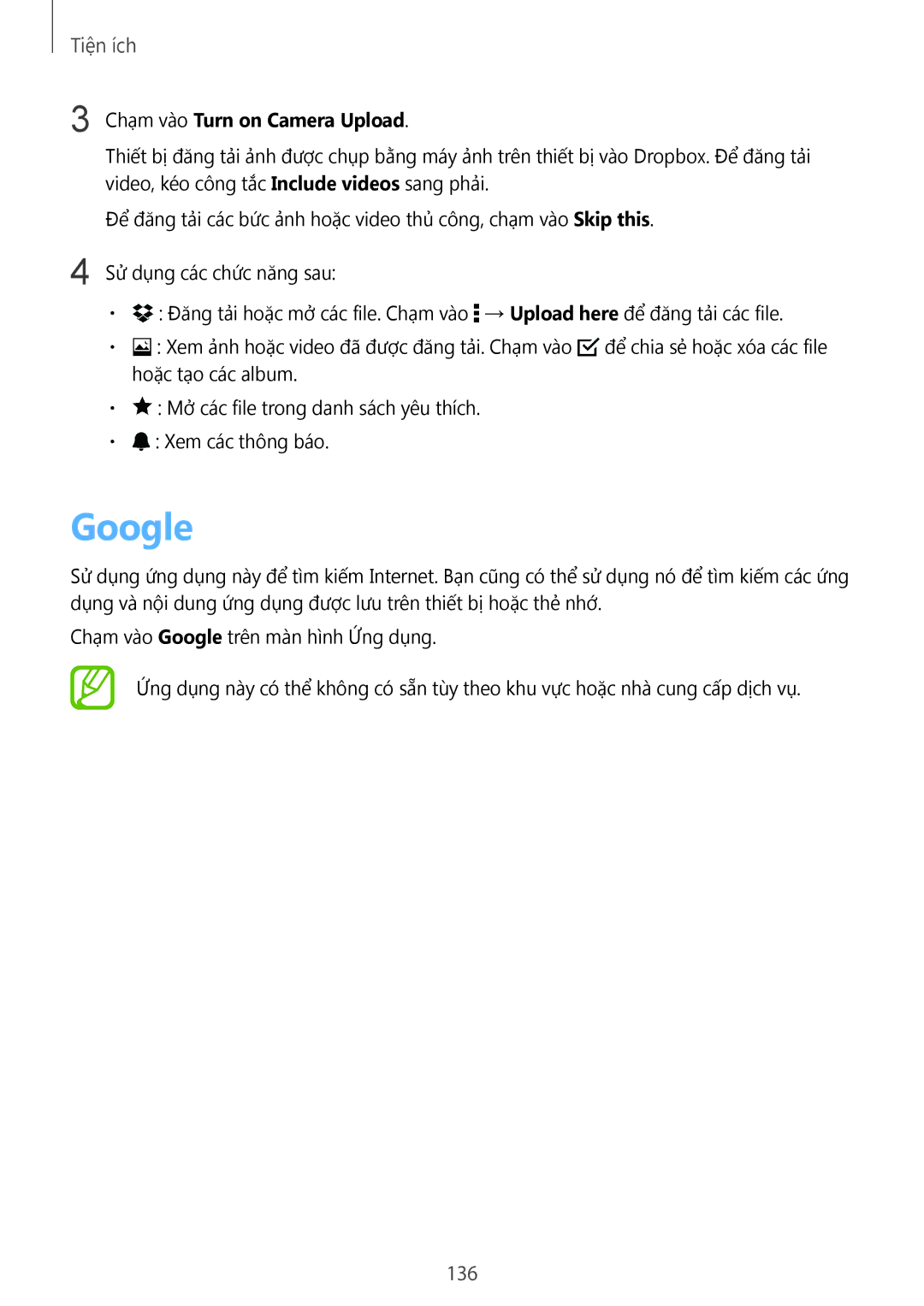 Samsung CG-G900HZKRHTM, SM-G900HZWAXXV, SM-G900HZBAXXV, SM-G900HZKAXXV manual Google, 136, Chạm vào Turn on Camera Upload 