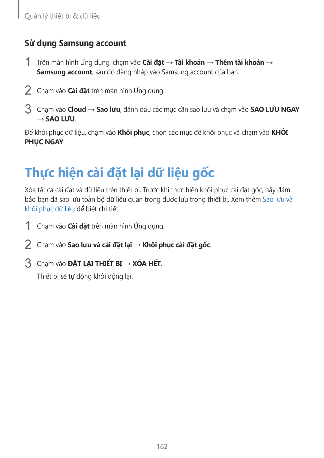 Samsung SM-G900HZBAXXV, SM-G900HZWAXXV, CG-G900HZKRHTM manual Thực hiện cài đặt lại dữ liệu gốc, Sử dụng Samsung account, 162 