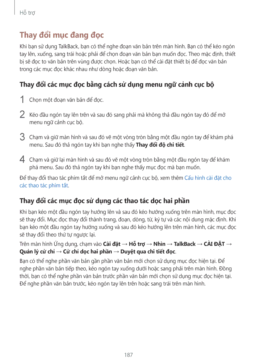 Samsung SM-G900HZBAXXV manual Thay đổi mục đang đọc, Thay đổi các mục đọc bằng cách sử dụng menu ngữ cảnh cục bộ, 187 