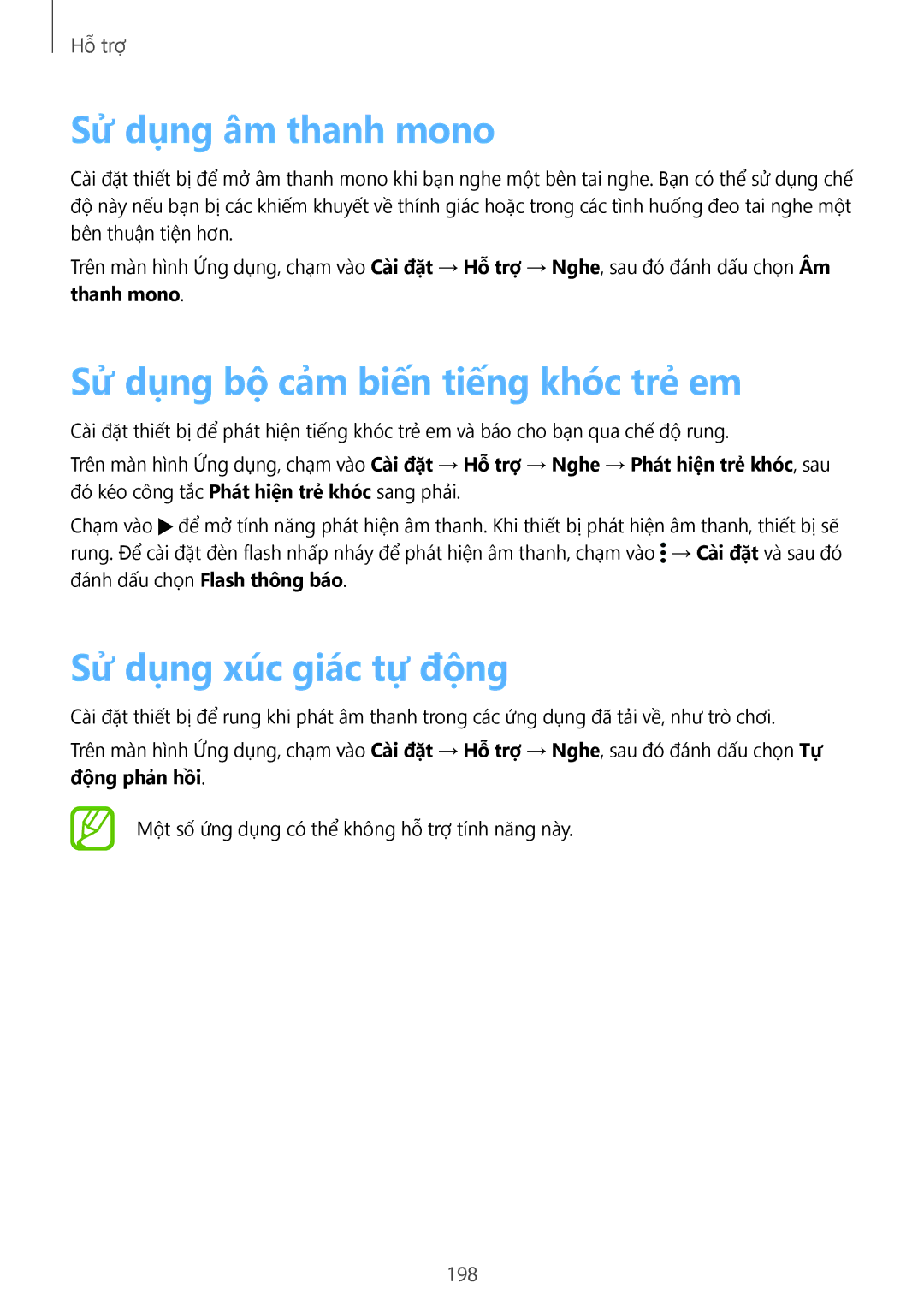 Samsung SM-G900HZKAXXV manual Sử dụng âm thanh mono, Sử dụng bộ cảm biến tiếng khóc trẻ em, Sử dụng xúc giác tự động, 198 