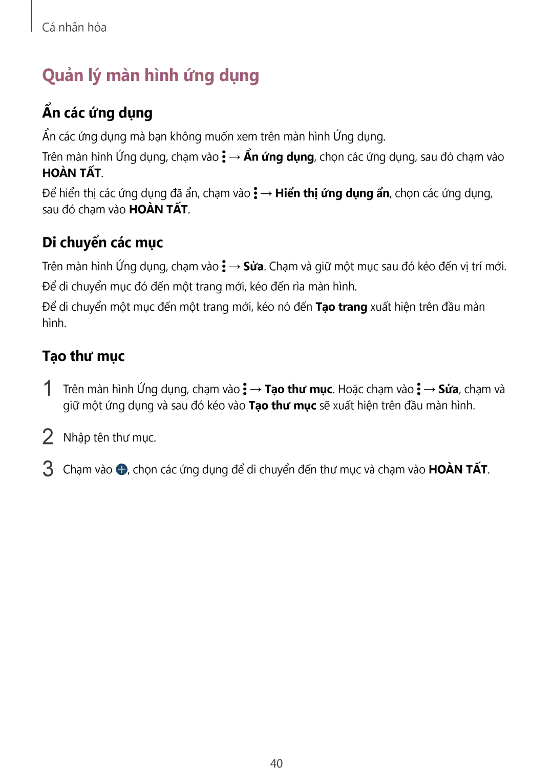 Samsung SM-G900HZWAXXV, CG-G900HZKRHTM manual Quản lý màn hình ứng dụng, Ẩn các ứng dụng, Di chuyển các mục, Tạo thư mục 