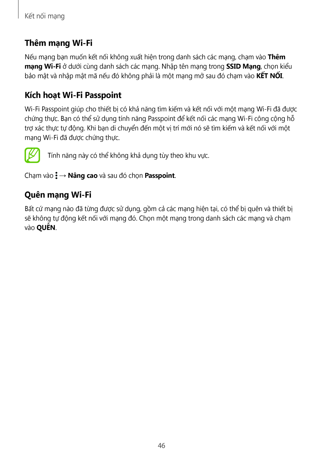 Samsung CG-G900HZKRHTM, SM-G900HZWAXXV, SM-G900HZBAXXV manual Thêm mạng Wi-Fi, Kích hoạt Wi-Fi Passpoint, Quên mạng Wi-Fi 