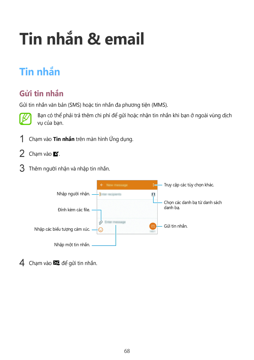 Samsung SM-G900HZKAXXV, SM-G900HZWAXXV, CG-G900HZKRHTM, SM-G900HZBAXXV, SM-G900HZDAXXV manual Tin nhắn & email, Gửi tin nhắn 