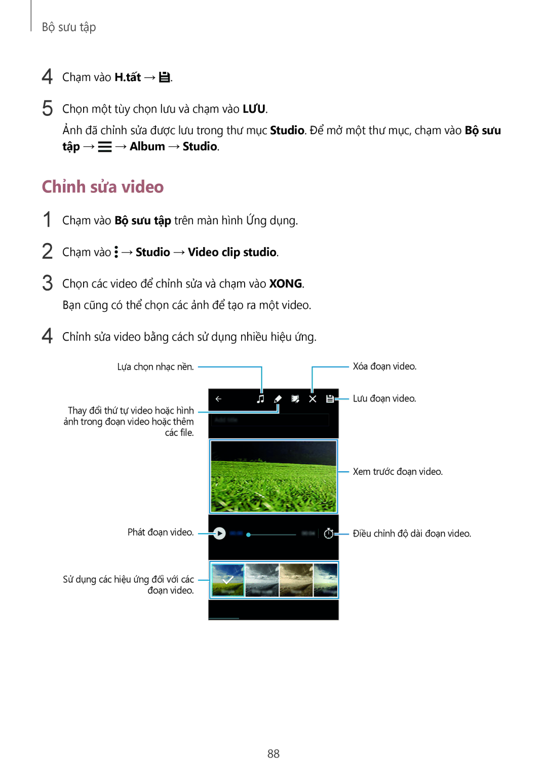 Samsung SM-G900HZKAXXV, SM-G900HZWAXXV, CG-G900HZKRHTM manual Chỉnh sửa video, Chạm vào → Studio → Video clip studio 