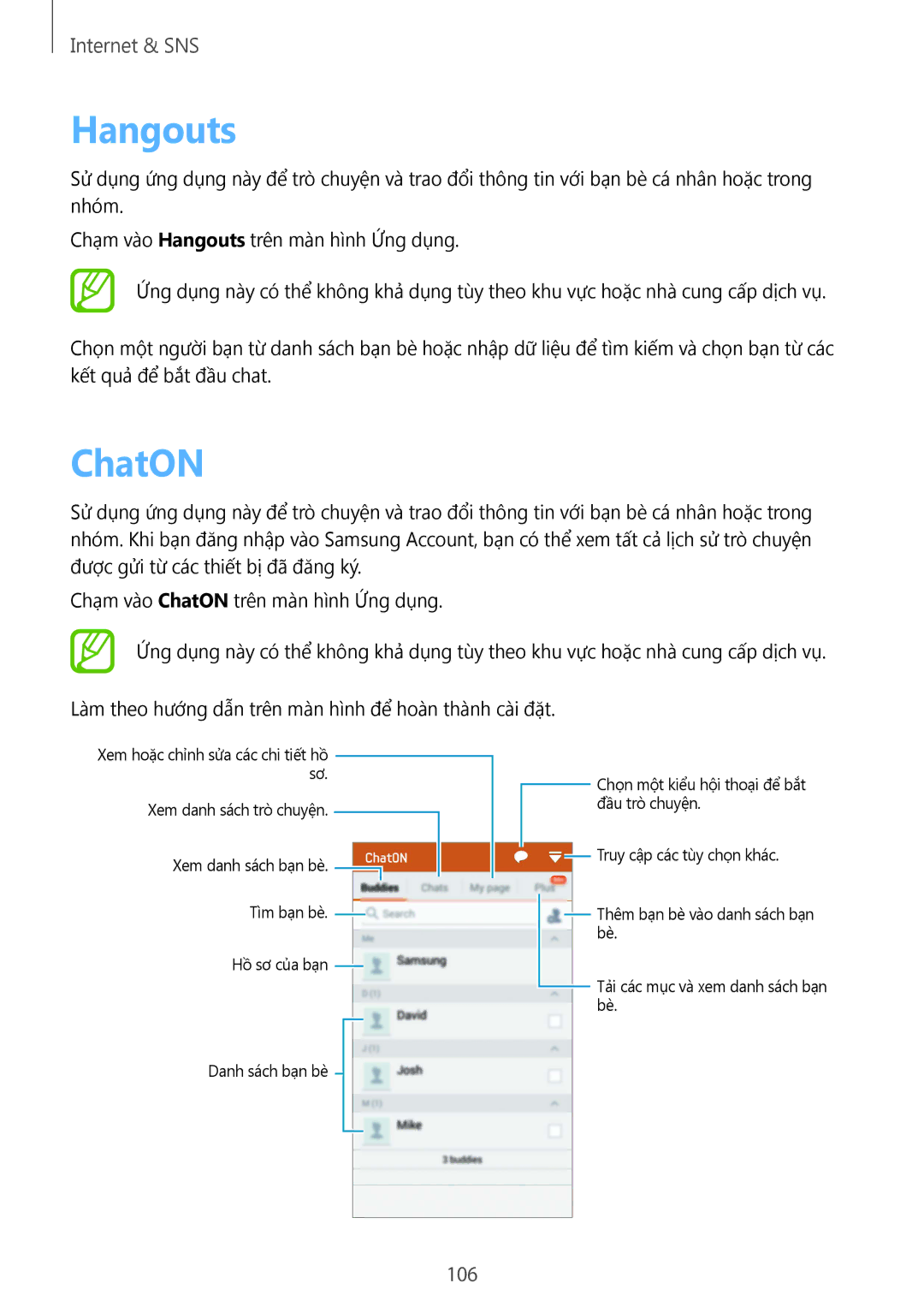 Samsung CG-G900HZKRHTM, SM-G900HZWAXXV, SM-G900HZBAXXV, SM-G900HZKAXXV, SM-G900HZDAXXV manual Hangouts, ChatON, 106 