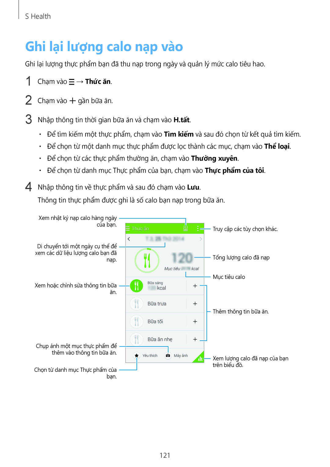 Samsung CG-G900HZKRHTM, SM-G900HZWAXXV, SM-G900HZBAXXV, SM-G900HZKAXXV, SM-G900HZDAXXV manual Ghi lại lượng calo nạp vào, 121 