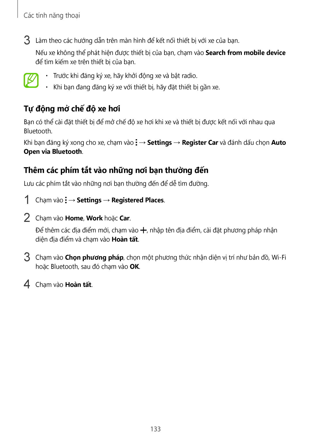 Samsung SM-G900HZKAXXV, SM-G900HZWAXXV manual Tự động mở chế độ xe hơi, Thêm các phím tắt vào những nơi bạn thường đến, 133 