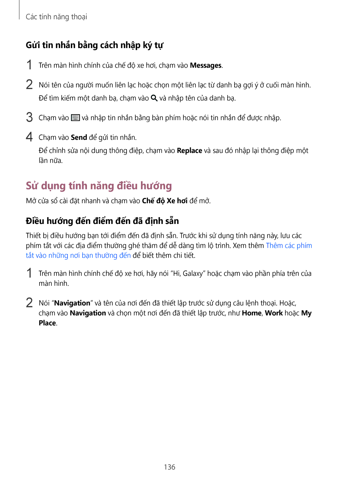Samsung CG-G900HZKRHTM, SM-G900HZWAXXV manual Sử dụng tính năng điều hướng, Gửi tin nhắn bằng cách nhập ký tự, 136, Place 
