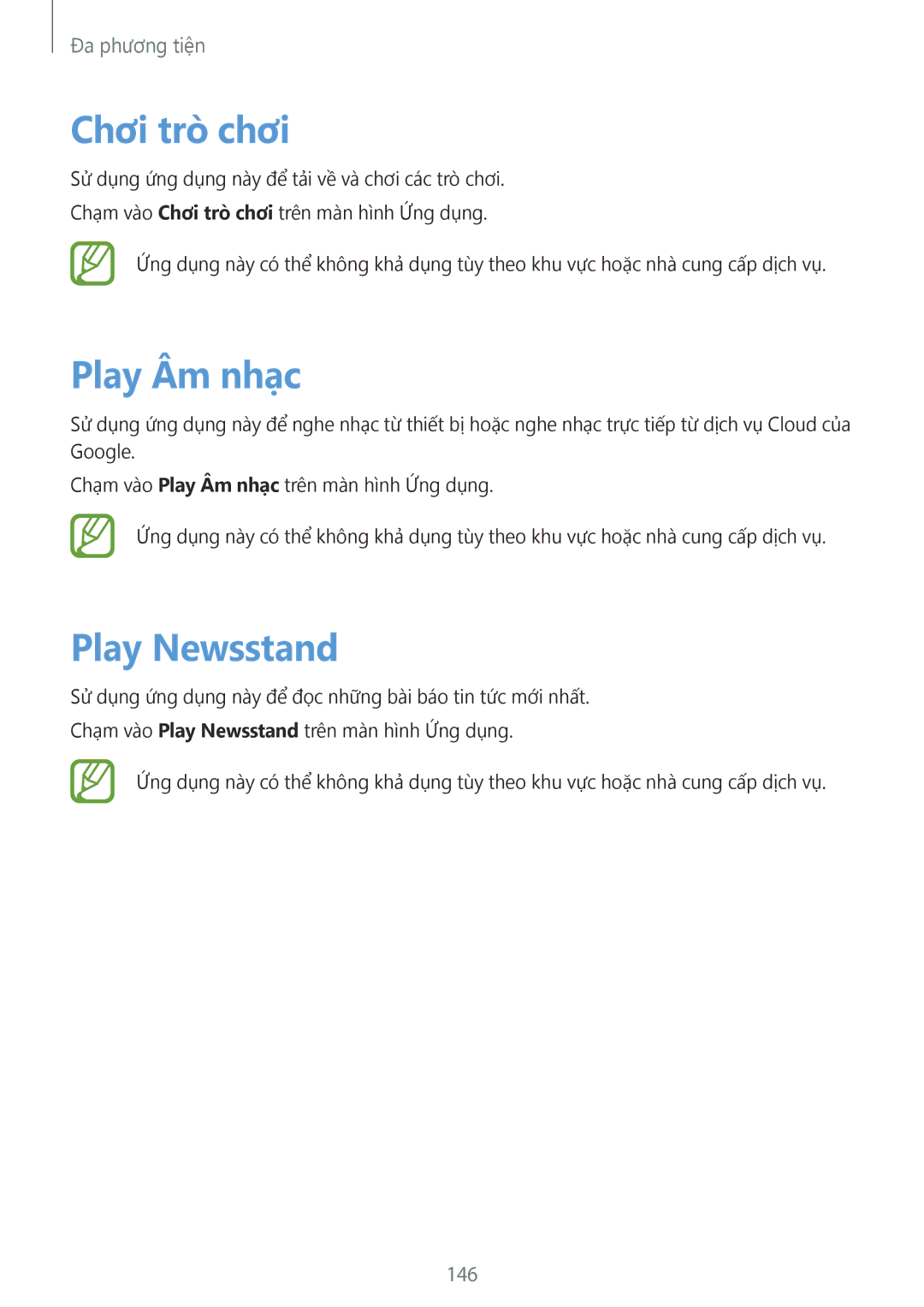 Samsung CG-G900HZKRHTM, SM-G900HZWAXXV, SM-G900HZBAXXV, SM-G900HZKAXXV manual Chơi trò chơi, Play Âm nhạc, Play Newsstand, 146 