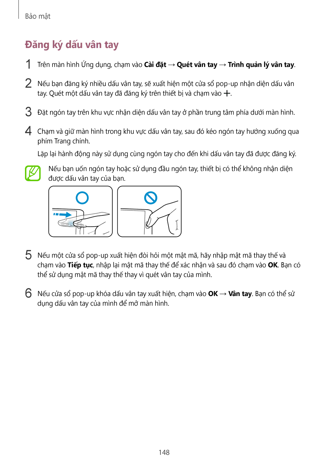 Samsung SM-G900HZKAXXV, SM-G900HZWAXXV, CG-G900HZKRHTM, SM-G900HZBAXXV, SM-G900HZDAXXV manual Đăng ký dấu vân tay, 148 