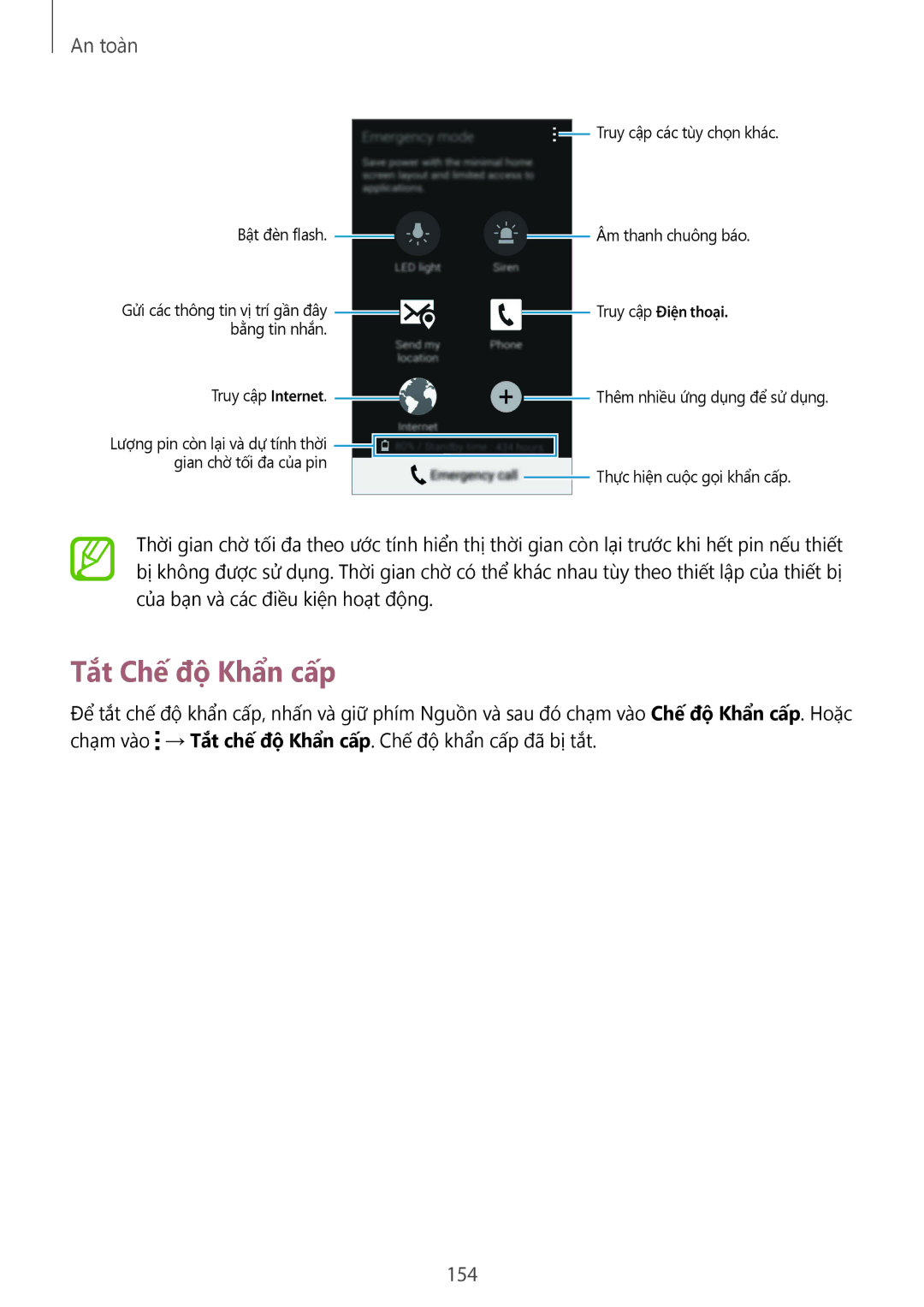 Samsung SM-G900HZDAXXV, SM-G900HZWAXXV, CG-G900HZKRHTM, SM-G900HZBAXXV, SM-G900HZKAXXV manual Tắt Chế độ Khẩn cấp, 154 