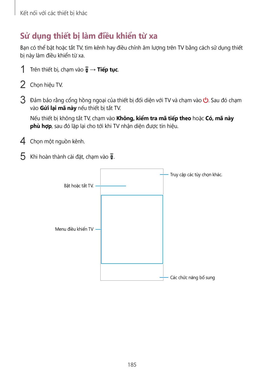 Samsung SM-G900HZWAXXV, CG-G900HZKRHTM, SM-G900HZBAXXV, SM-G900HZKAXXV manual Sử dụng thiết bị làm điều khiển từ xa, 185 