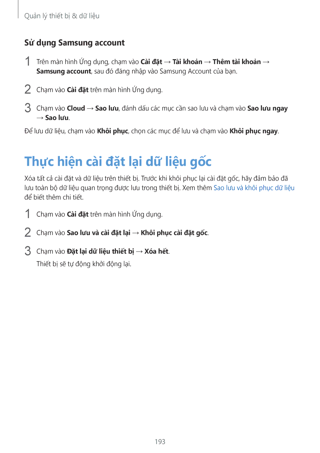 Samsung SM-G900HZKAXXV, SM-G900HZWAXXV manual Thực hiệ̣n cài đặt lại dữ liệ̣u gốc, Sử dụng Samsung account, 193, → Sao lưu 