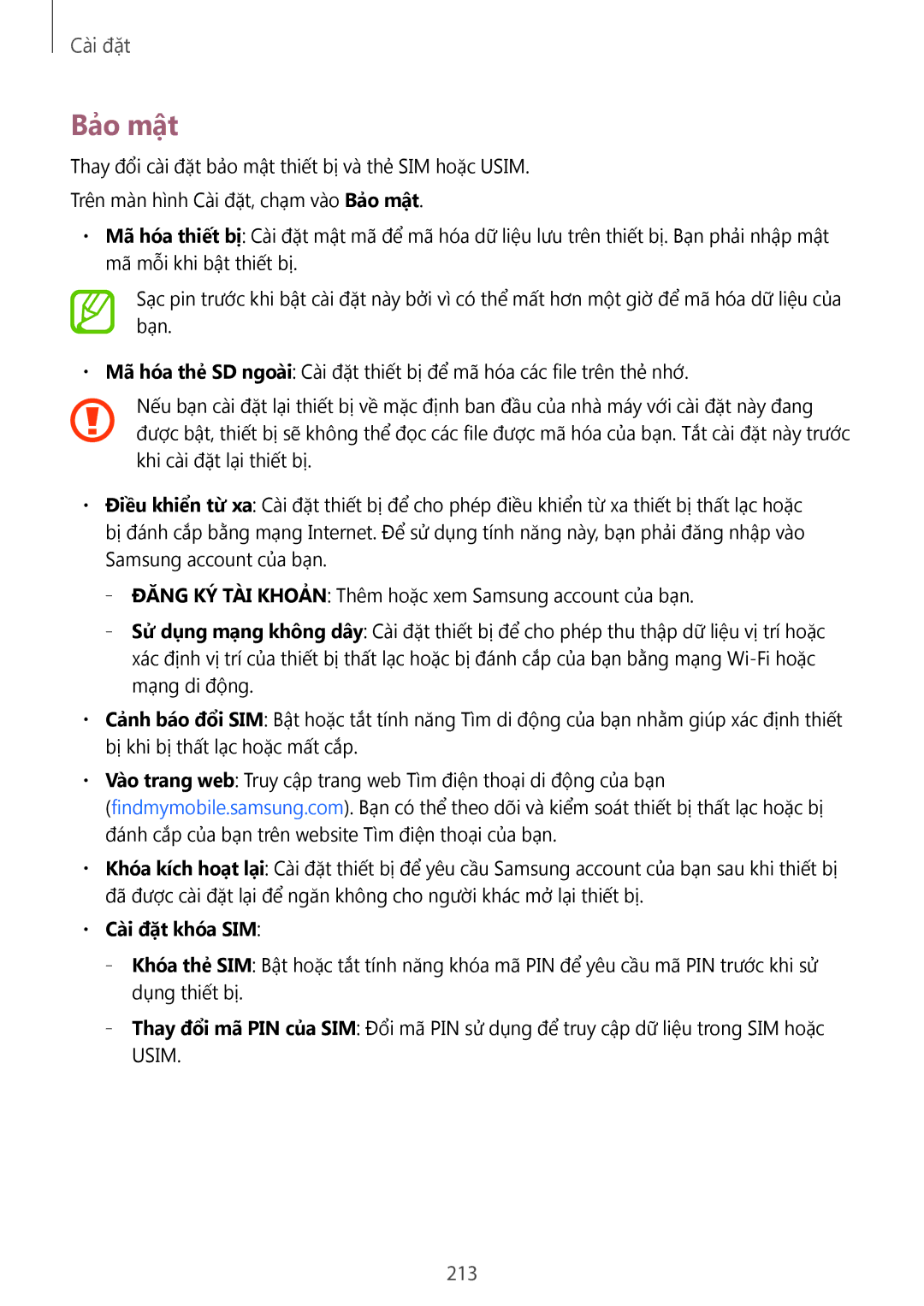Samsung SM-G900HZKAXXV, SM-G900HZWAXXV, CG-G900HZKRHTM, SM-G900HZBAXXV, SM-G900HZDAXXV manual Bảo mật, 213, Cài đặt khóa SIM 