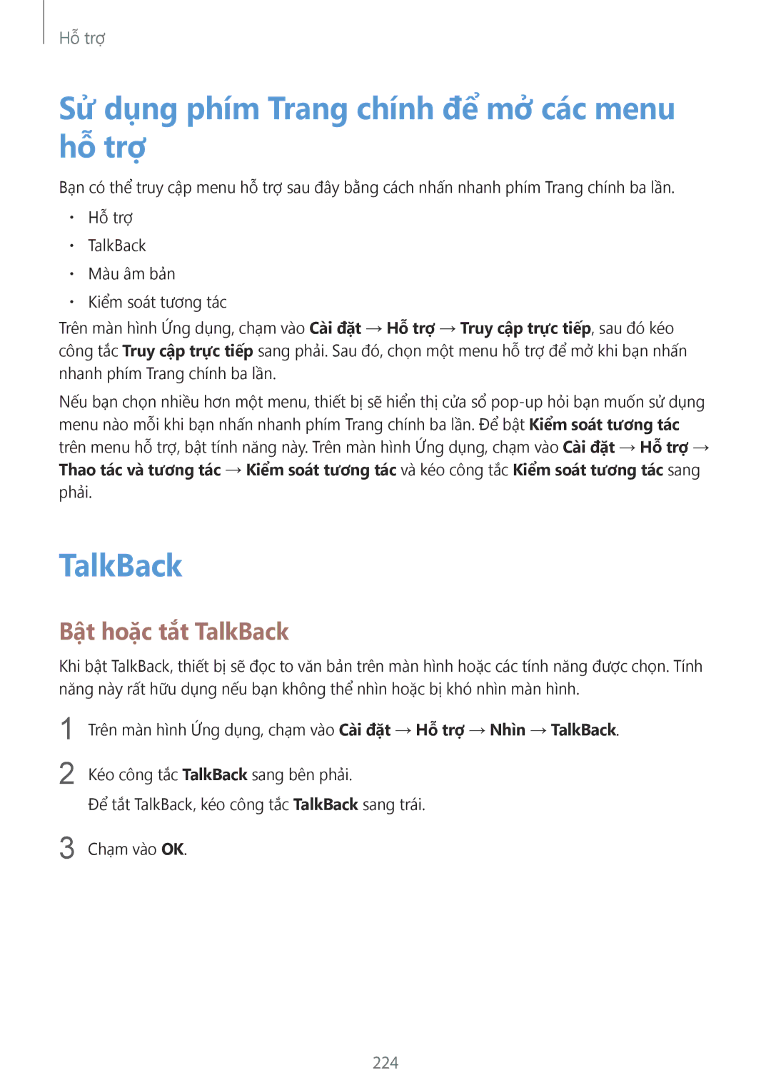 Samsung SM-G900HZDAXXV, SM-G900HZWAXXV manual Sử dụng phím Trang chính để mở các menu hỗ trợ, Bật hoặc tắt TalkBack, 224 