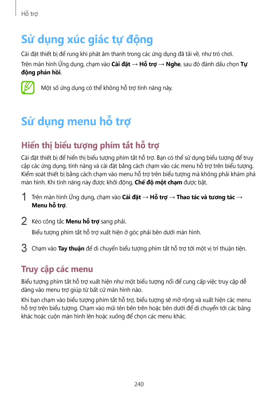 Samsung SM-G900HZWAXXV manual Sử dụng xúc giác tự động, Sử dụng menu hỗ trợ, Hiển thị biểu tượng phím tắt hỗ trợ, 240 