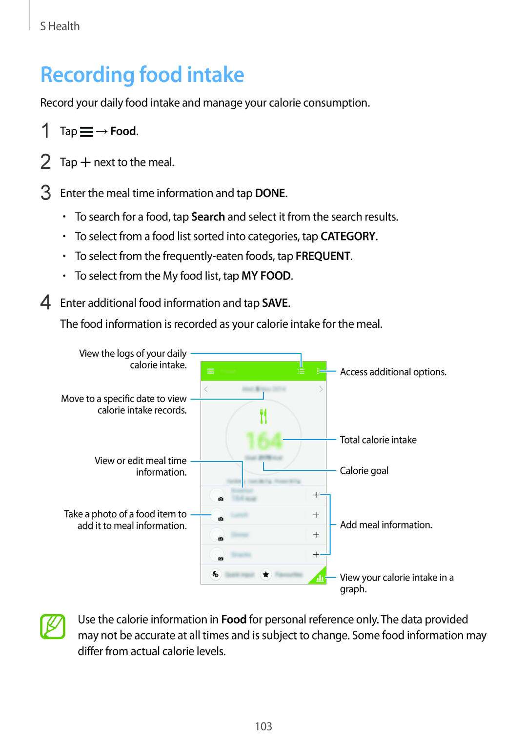 Samsung SM-G900IZBAKSA, SM-G900IZKAKSA, SM-G900IZDAKSA, SM-G900IZWAKSA manual Recording food intake 