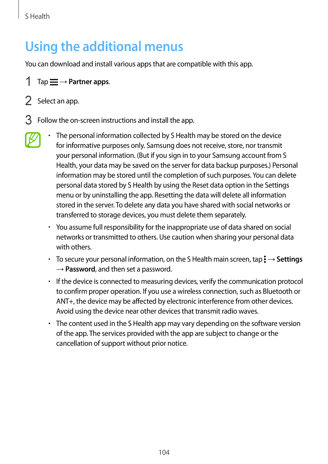 Samsung SM-G900IZKAKSA, SM-G900IZDAKSA, SM-G900IZWAKSA, SM-G900IZBAKSA manual Using the additional menus, Tap →Partner apps 