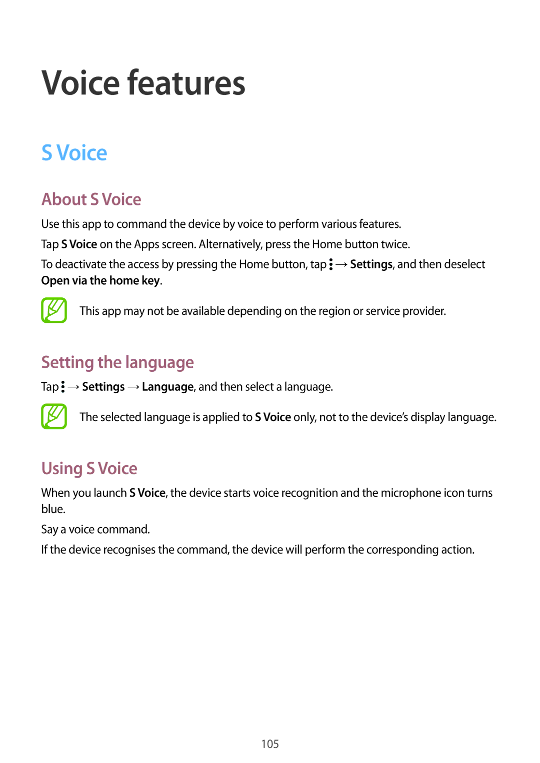 Samsung SM-G900IZDAKSA, SM-G900IZKAKSA, SM-G900IZWAKSA Voice features, About S Voice, Setting the language, Using S Voice 