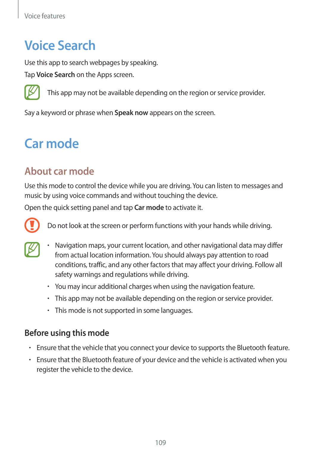 Samsung SM-G900IZDAKSA, SM-G900IZKAKSA, SM-G900IZWAKSA, SM-G900IZBAKSA manual Voice Search, Car mode, About car mode 