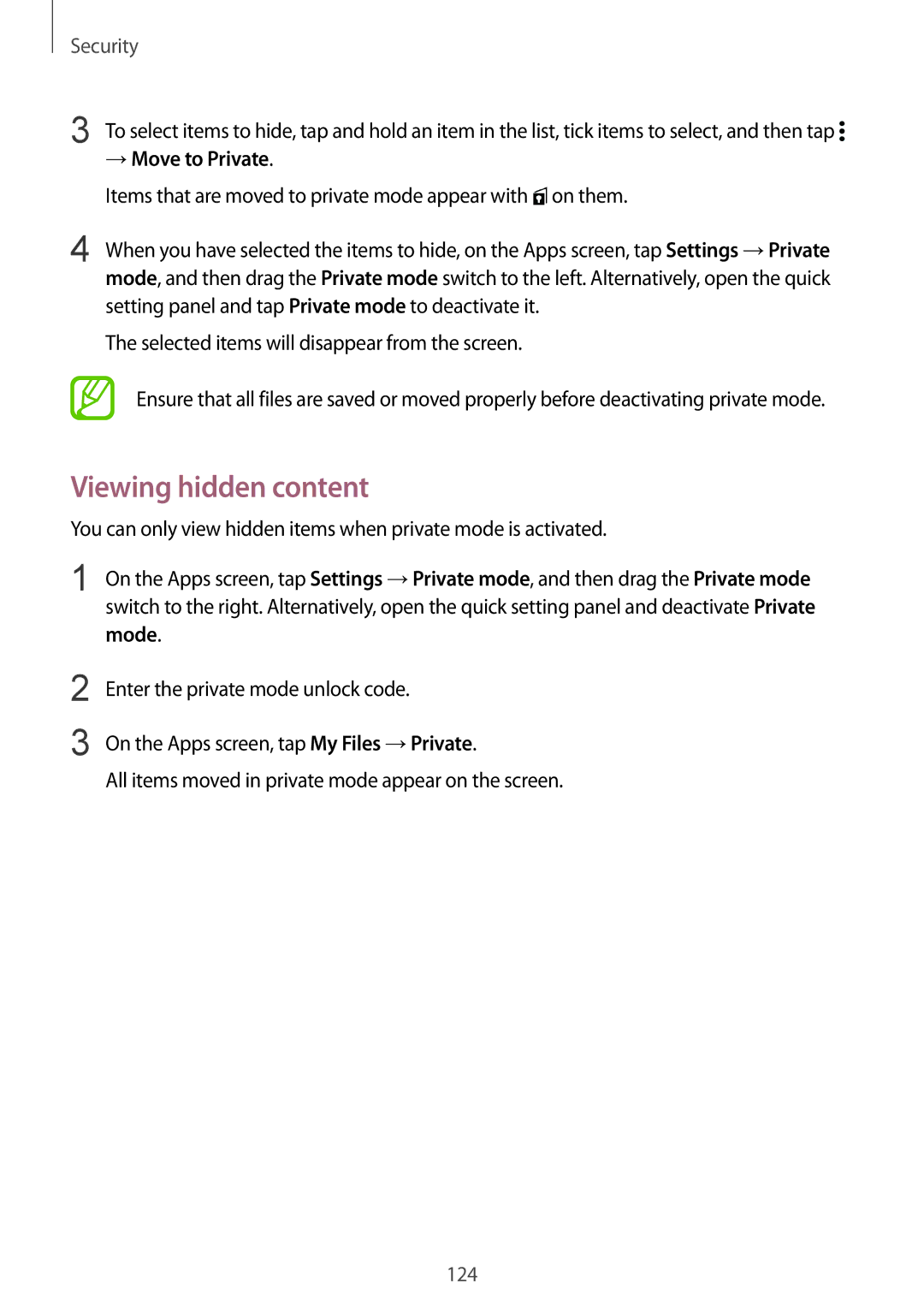 Samsung SM-G900IZKAKSA Viewing hidden content, → Move to Private, Items that are moved to private mode appear with on them 