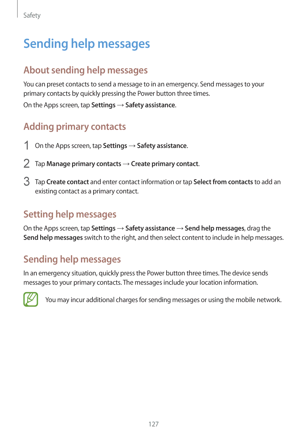 Samsung SM-G900IZBAKSA Sending help messages, About sending help messages, Adding primary contacts, Setting help messages 