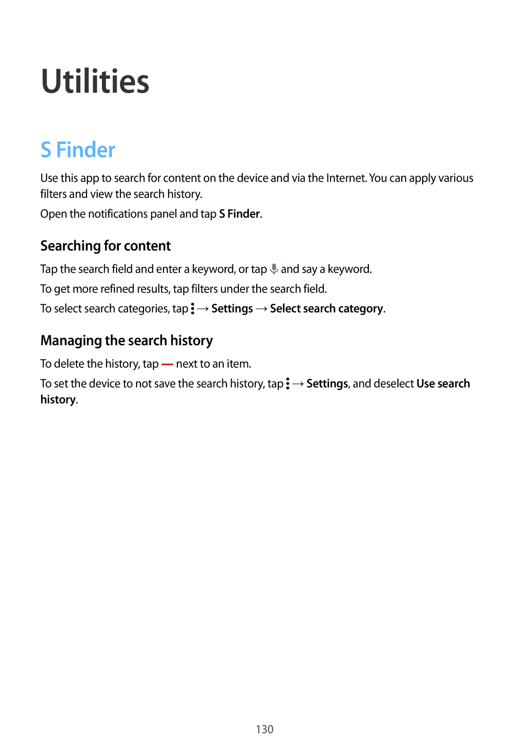 Samsung SM-G900IZWAKSA, SM-G900IZKAKSA manual Utilities, Finder, Searching for content, Managing the search history 