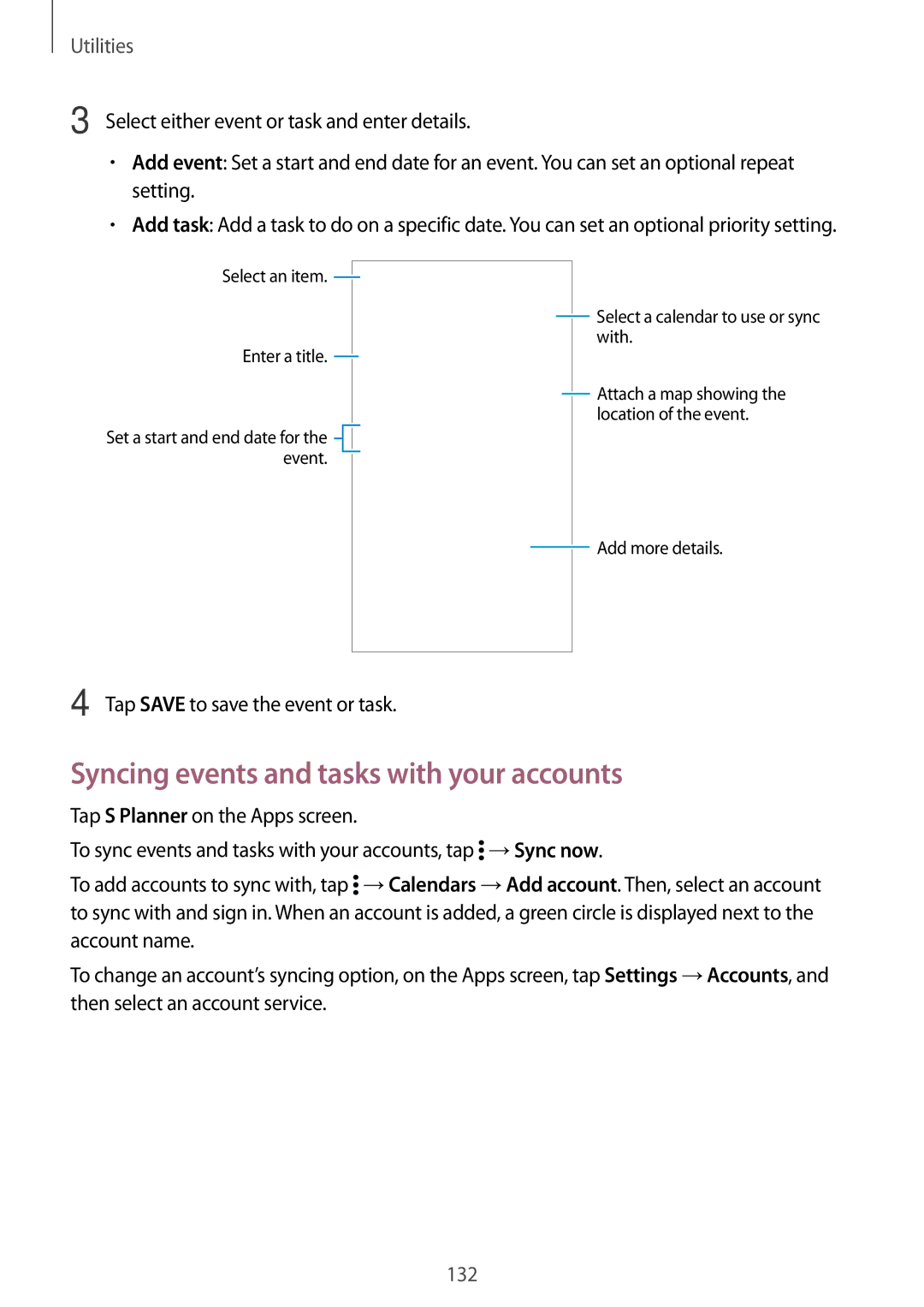 Samsung SM-G900IZKAKSA, SM-G900IZDAKSA Syncing events and tasks with your accounts, Tap Save to save the event or task 