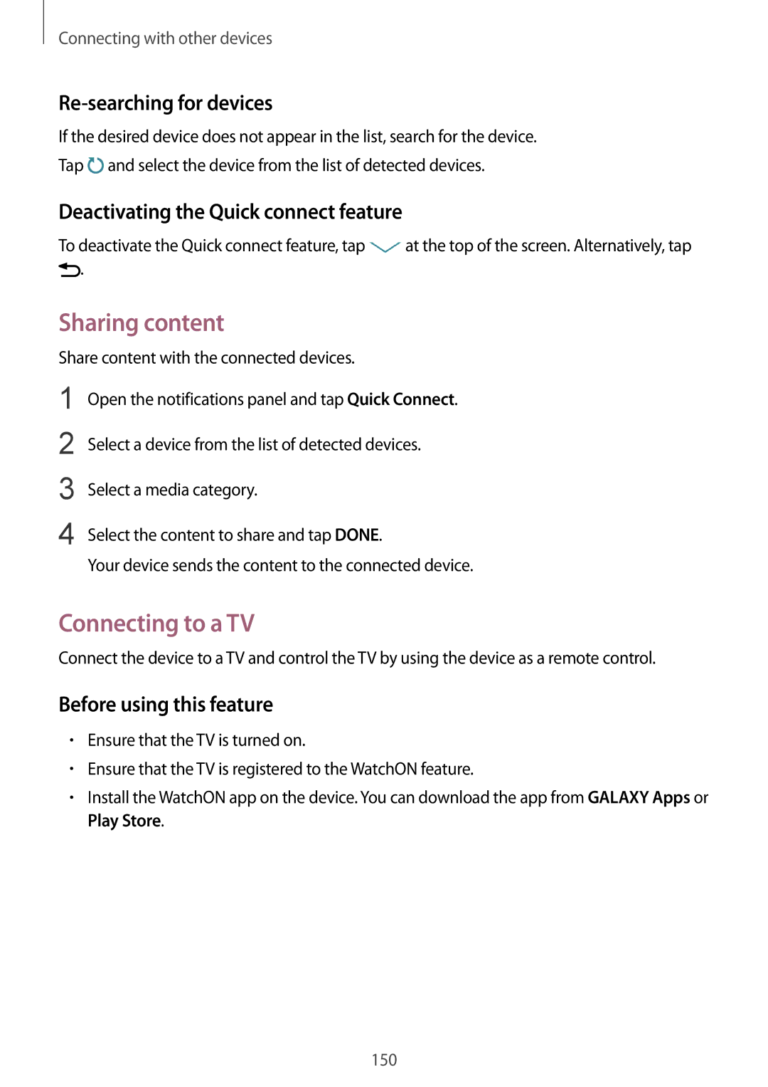 Samsung SM-G900IZWAKSA, SM-G900IZKAKSA, SM-G900IZDAKSA manual Sharing content, Connecting to a TV, Re-searching for devices 