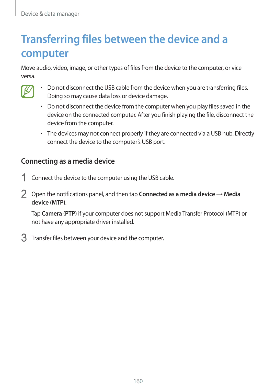 Samsung SM-G900IZKAKSA Transferring files between the device and a computer, Connecting as a media device, Device MTP 