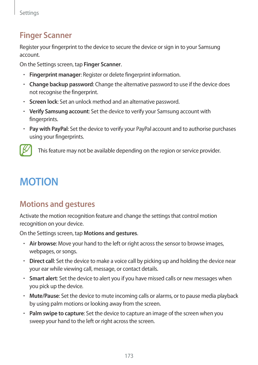 Samsung SM-G900IZDAKSA, SM-G900IZKAKSA, SM-G900IZWAKSA, SM-G900IZBAKSA manual Finger Scanner, Motions and gestures 