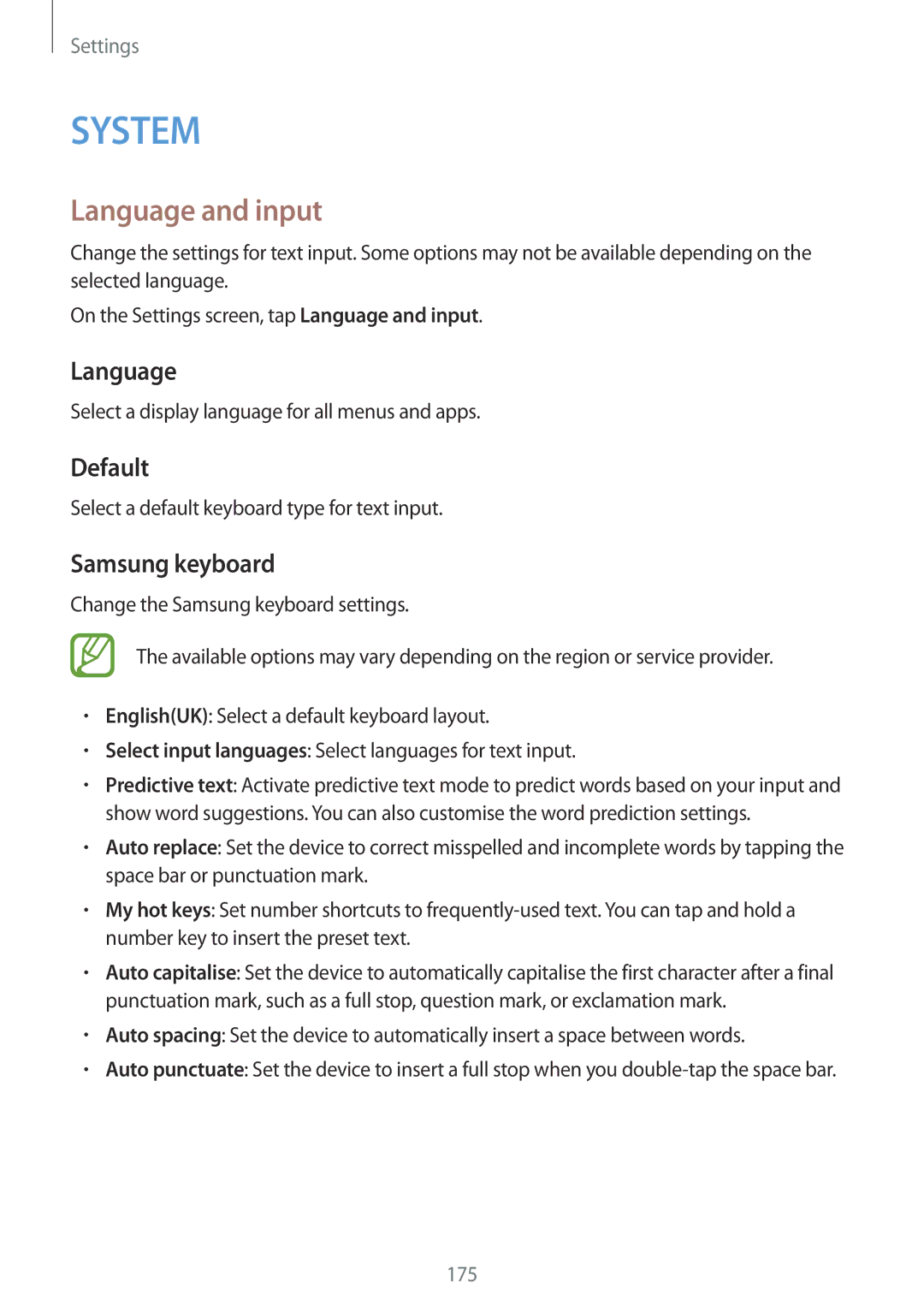 Samsung SM-G900IZBAKSA, SM-G900IZKAKSA, SM-G900IZDAKSA, SM-G900IZWAKSA manual Language and input, Default, Samsung keyboard 