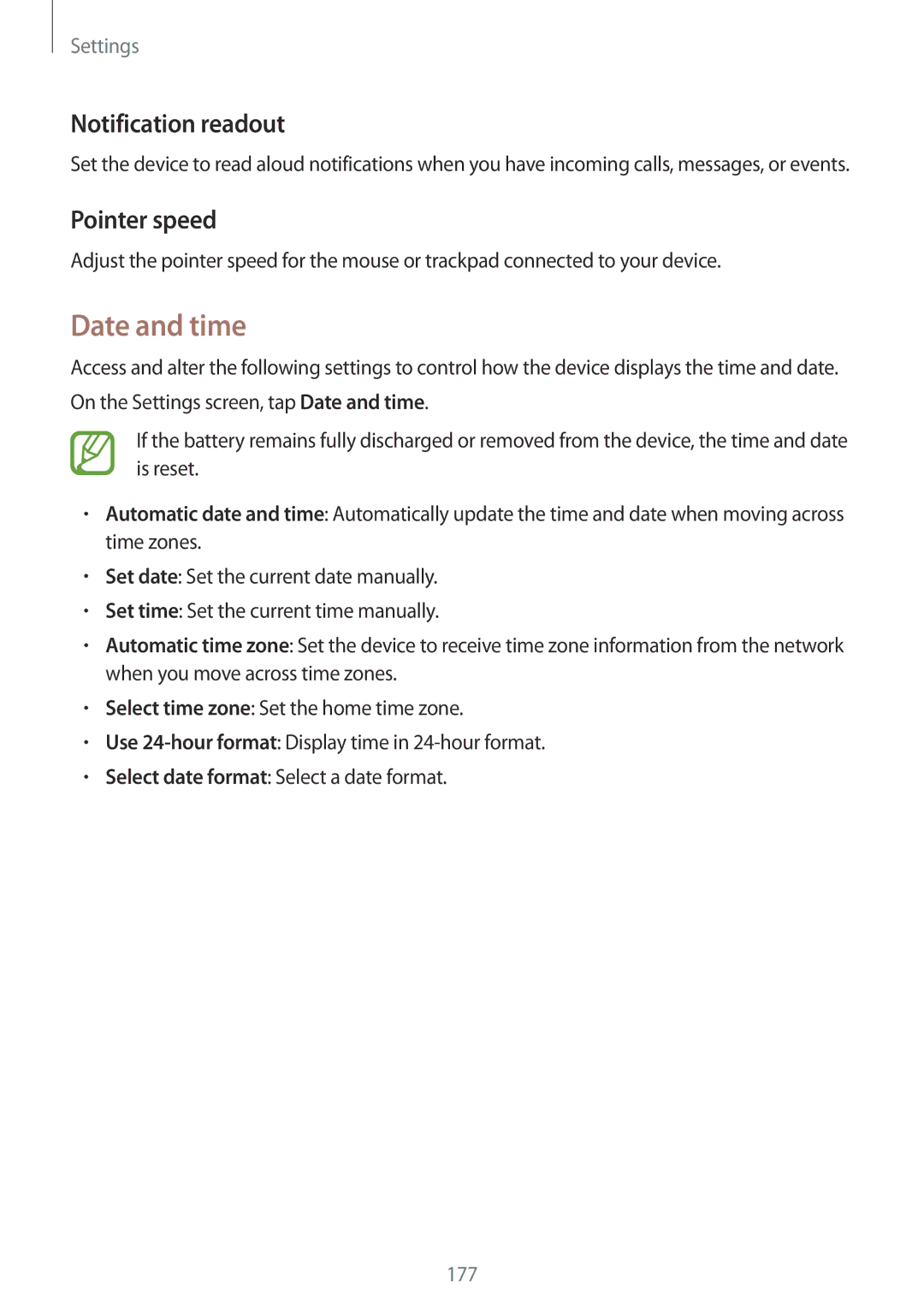 Samsung SM-G900IZDAKSA, SM-G900IZKAKSA, SM-G900IZWAKSA, SM-G900IZBAKSA Date and time, Notification readout, Pointer speed 