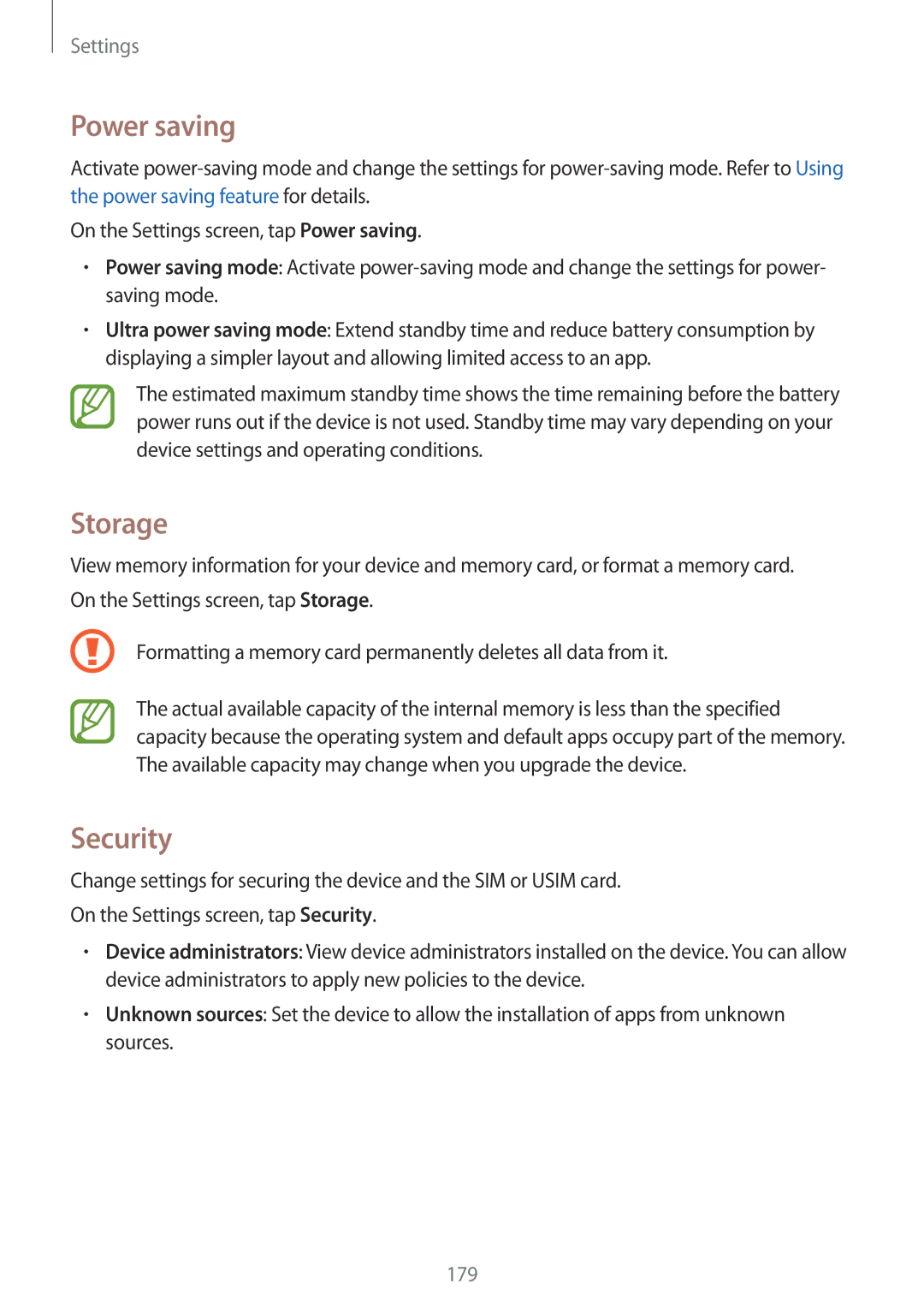 Samsung SM-G900IZBAKSA, SM-G900IZKAKSA, SM-G900IZDAKSA, SM-G900IZWAKSA manual Power saving, Storage, Security 