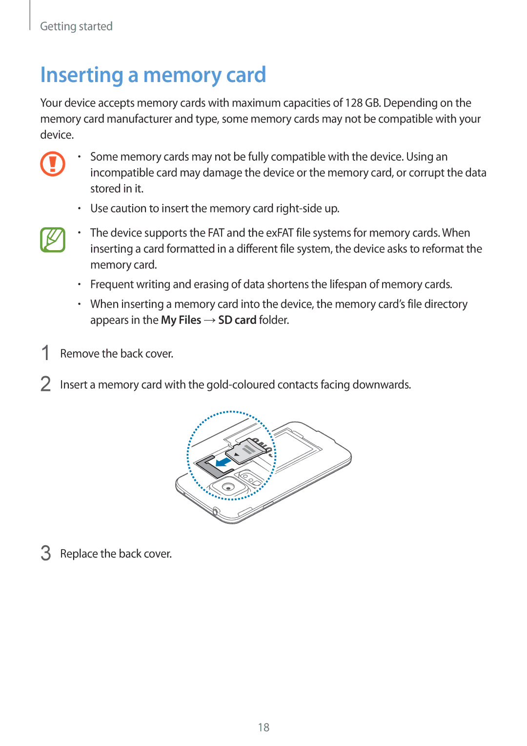 Samsung SM-G900IZWAKSA, SM-G900IZKAKSA, SM-G900IZDAKSA, SM-G900IZBAKSA manual Inserting a memory card 