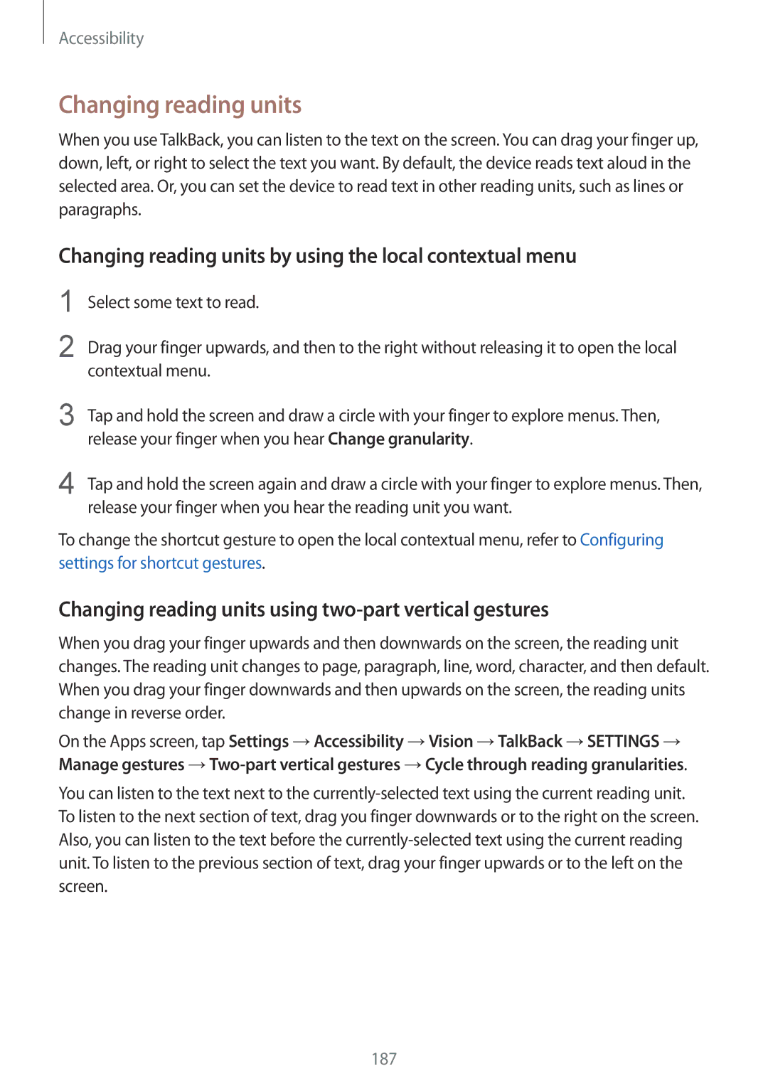 Samsung SM-G900IZBAKSA, SM-G900IZKAKSA, SM-G900IZDAKSA manual Changing reading units by using the local contextual menu 