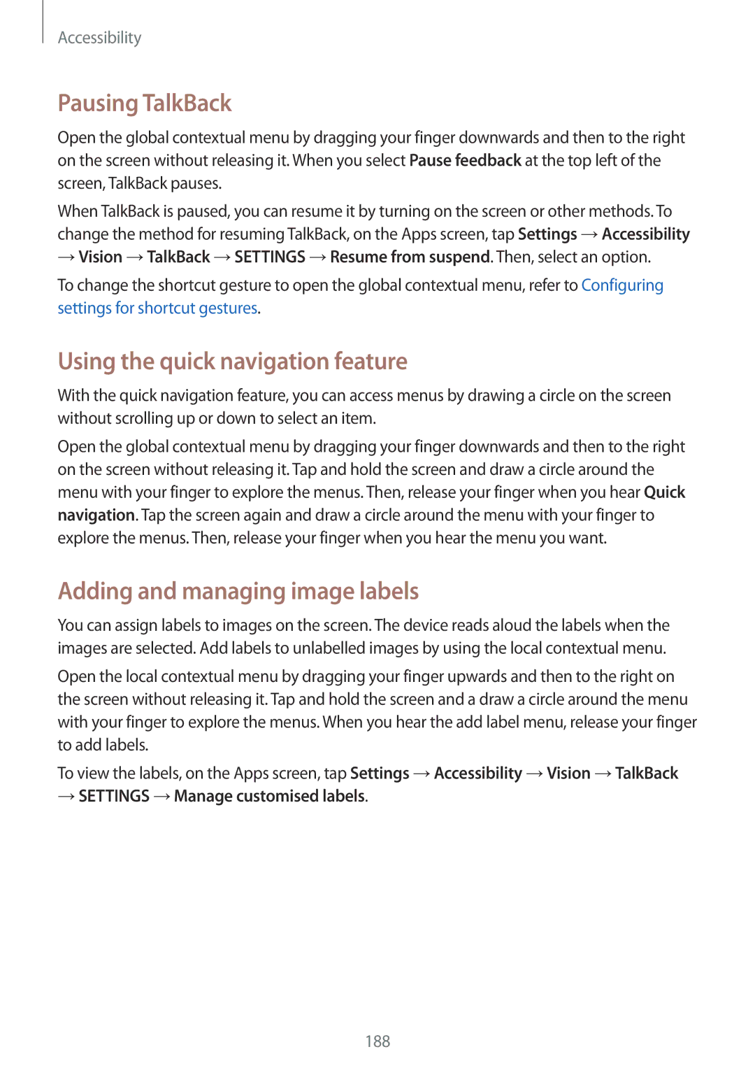Samsung SM-G900IZKAKSA manual Pausing TalkBack, Using the quick navigation feature, Adding and managing image labels 